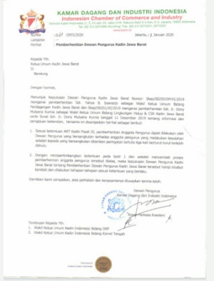 KADIN INDONESIA (PUSAT) INTRUKSIKAN KADIN JABAR AGAR MENCABUT SK PEMBERHENTIAN DONY DAN JAHJA